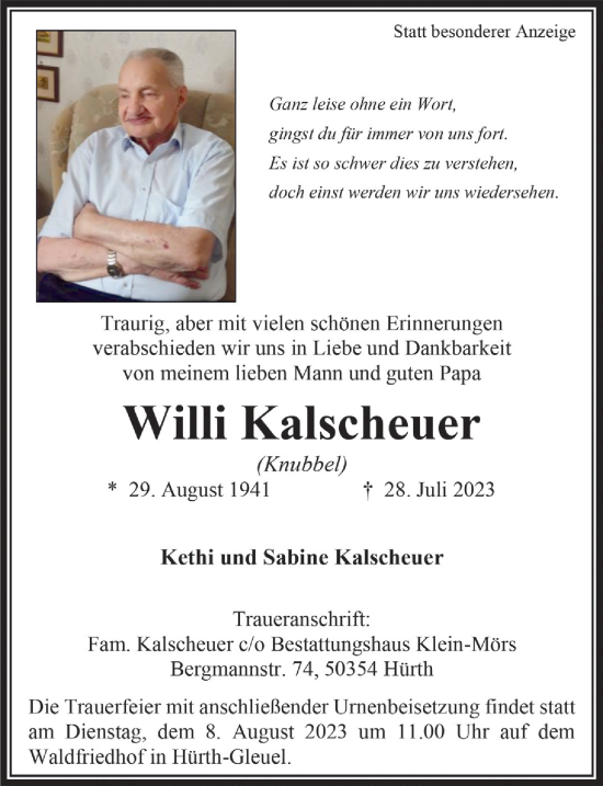 Anzeige von Willi Kalscheuer von  Wochenende 