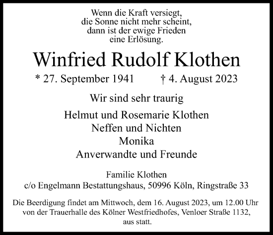 Anzeige von Winfried  Klothen von Kölner Stadt-Anzeiger / Kölnische Rundschau / Express