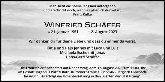 Anzeige von Winfried Schäfer von Kölner Stadt-Anzeiger / Kölnische Rundschau / Express