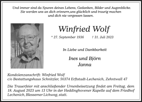 Anzeige von Winfried Wolf von  Werbepost 
