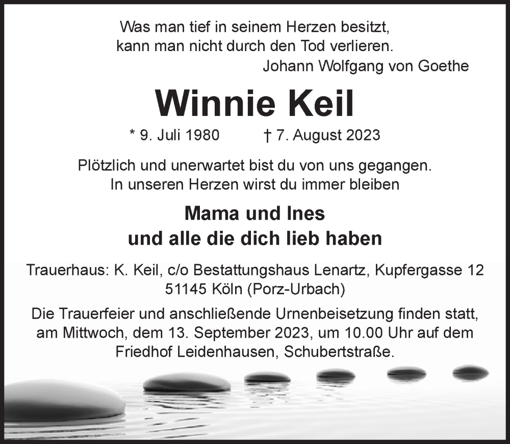  Traueranzeige für Winnie Keil vom 25.08.2023 aus  EXPRESS - Die Woche 