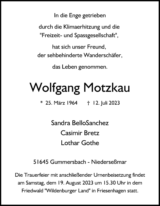 Anzeige von Wolfgang Motzkau von Kölner Stadt-Anzeiger / Kölnische Rundschau / Express