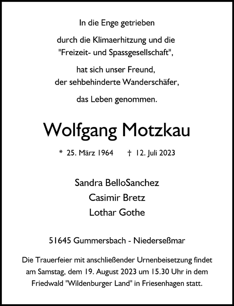  Traueranzeige für Wolfgang Motzkau vom 11.08.2023 aus  Anzeigen Echo 