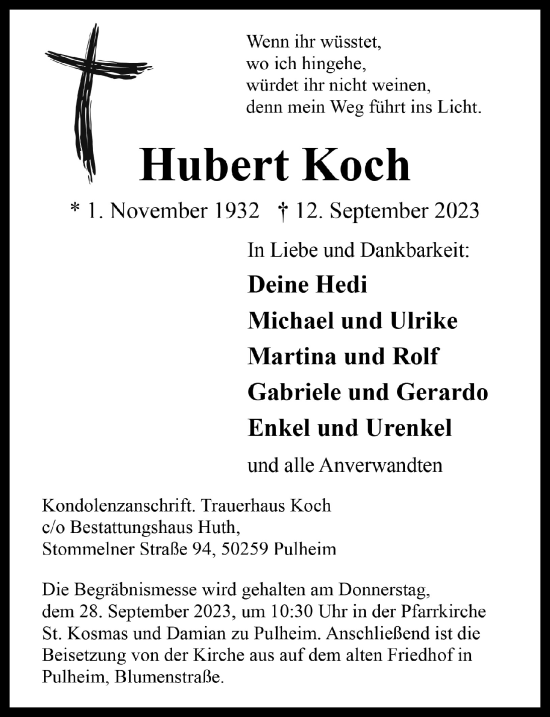 Anzeige von Hubert Koch von WOCHENENDE