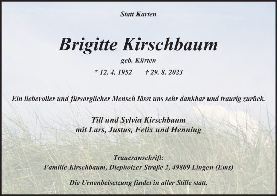 Anzeige von Brigitte Kirschbaum von Kölner Stadt-Anzeiger / Kölnische Rundschau / Express