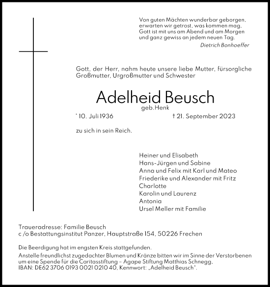 Anzeige von Adelheid Beusch von Kölner Stadt-Anzeiger / Kölnische Rundschau / Express
