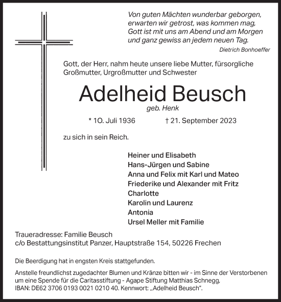 Anzeige von Adelheid Beusch von  Wochenende 