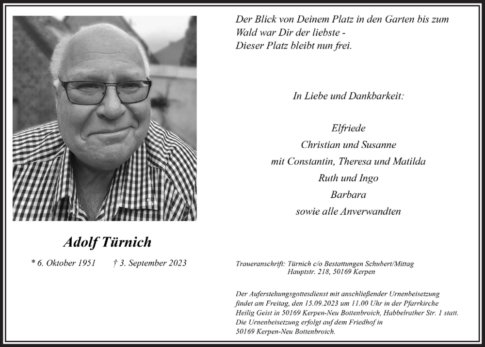  Traueranzeige für Adolf Türnich vom 08.09.2023 aus  Werbepost 