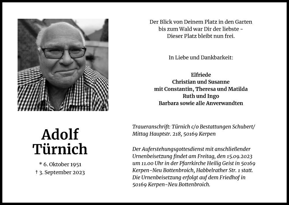  Traueranzeige für Adolf Türnich vom 09.09.2023 aus Kölner Stadt-Anzeiger / Kölnische Rundschau / Express