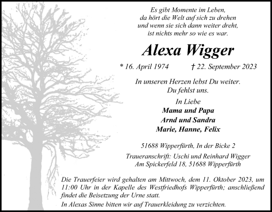 Anzeige von Alexa Wigger von Kölner Stadt-Anzeiger / Kölnische Rundschau / Express