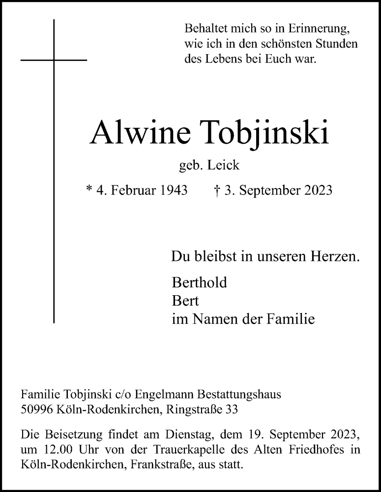  Traueranzeige für Alwine Tobjinski vom 16.09.2023 aus Kölner Stadt-Anzeiger / Kölnische Rundschau / Express