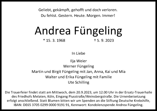Anzeige von Andrea Füngeling von Kölner Stadt-Anzeiger / Kölnische Rundschau / Express