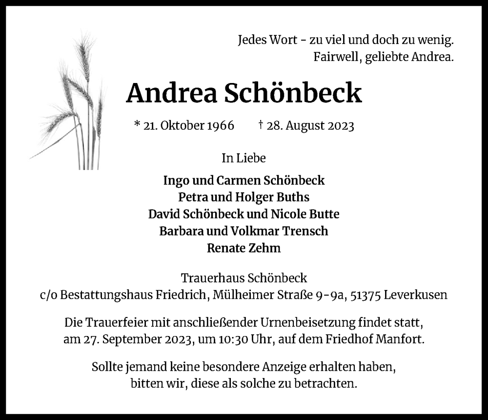  Traueranzeige für Andrea Schönbeck vom 16.09.2023 aus Kölner Stadt-Anzeiger / Kölnische Rundschau / Express