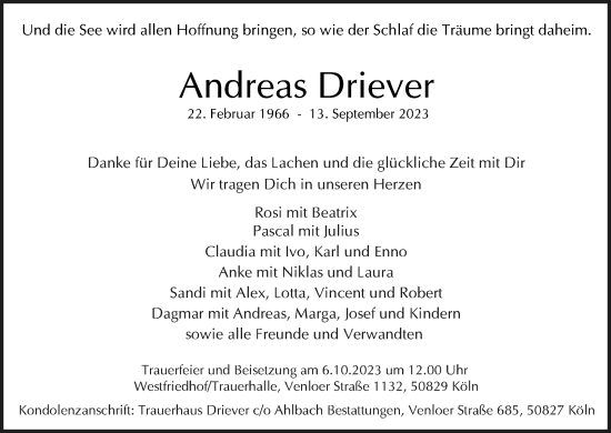 Anzeige von Andreas Driever von Kölner Stadt-Anzeiger / Kölnische Rundschau / Express