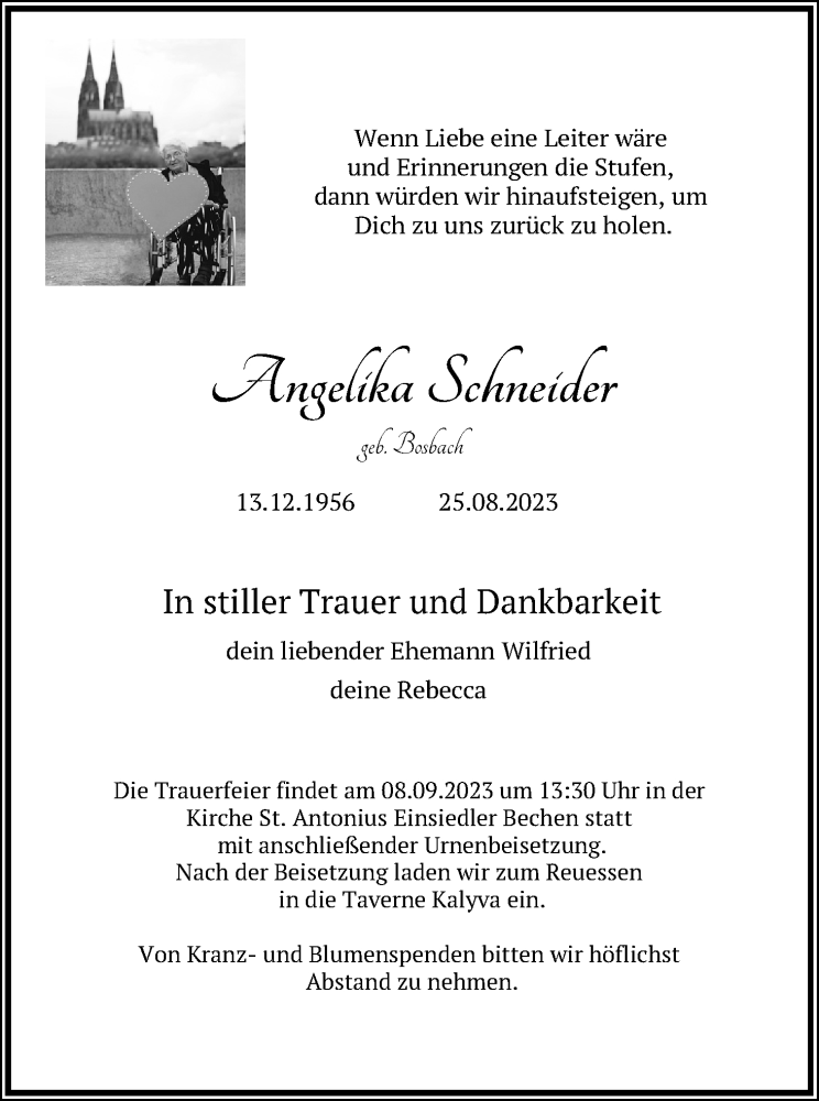  Traueranzeige für Angelika Schneider vom 02.09.2023 aus Kölner Stadt-Anzeiger / Kölnische Rundschau / Express