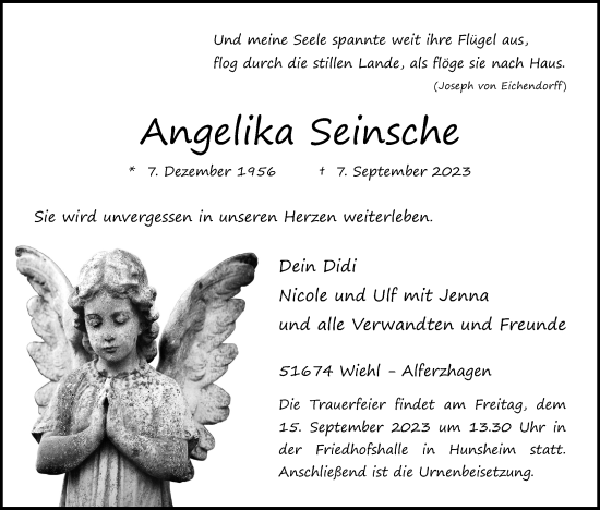 Anzeige von Angelika Seinsche von Kölner Stadt-Anzeiger / Kölnische Rundschau / Express