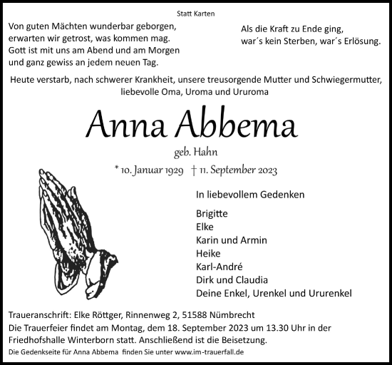 Anzeige von Anna Abbema von  Lokalanzeiger 