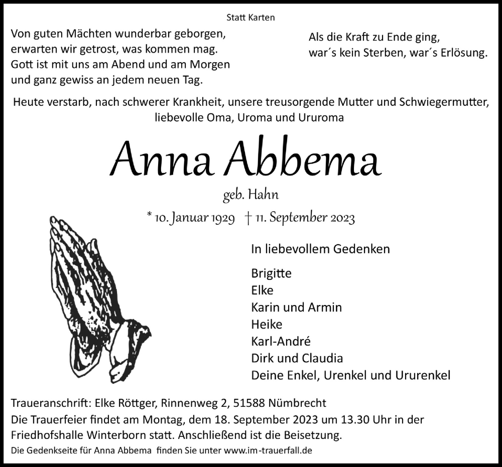  Traueranzeige für Anna Abbema vom 15.09.2023 aus  Lokalanzeiger 