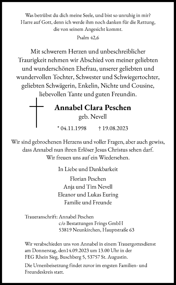  Traueranzeige für Annabel Clara Peschen vom 09.09.2023 aus Kölner Stadt-Anzeiger / Kölnische Rundschau / Express