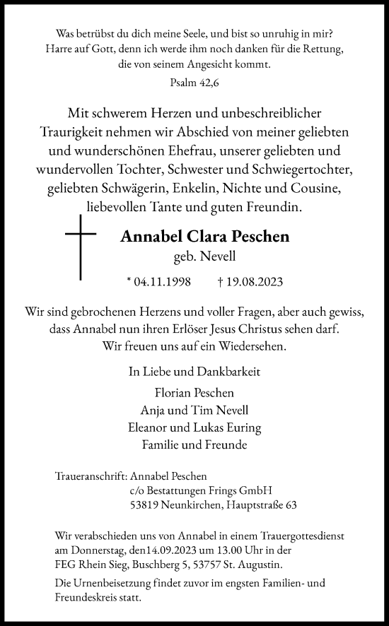 Anzeige von Annabel Clara Peschen von Kölner Stadt-Anzeiger / Kölnische Rundschau / Express