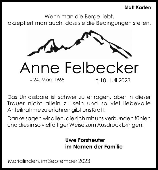 Anzeige von Anne Felbecker von Kölner Stadt-Anzeiger / Kölnische Rundschau / Express