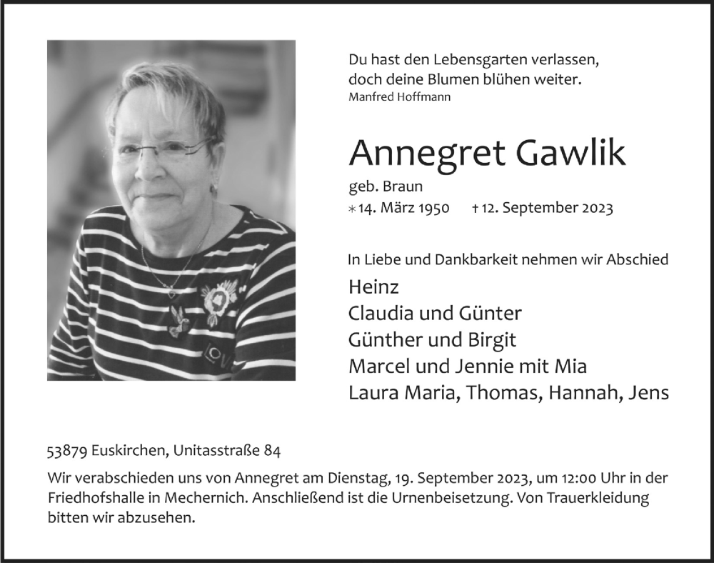  Traueranzeige für Annegret Gawlik vom 16.09.2023 aus  Blickpunkt Euskirchen 