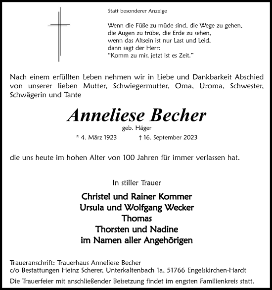 Anzeige von Anneliese Becher von Kölner Stadt-Anzeiger / Kölnische Rundschau / Express