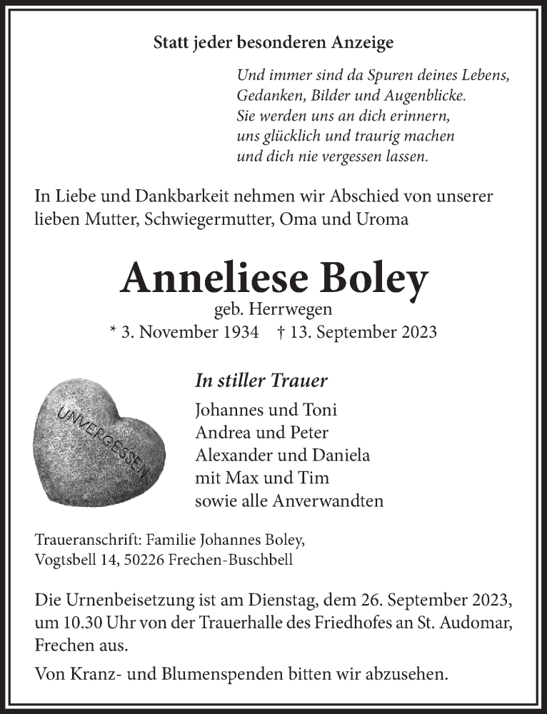  Traueranzeige für Anneliese Boley vom 22.09.2023 aus  Wochenende 