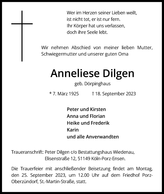 Anzeige von Anneliese Dilgen von Kölner Stadt-Anzeiger / Kölnische Rundschau / Express