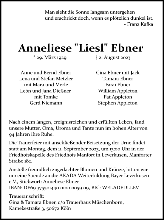 Anzeige von Anneliese Ebner von Kölner Stadt-Anzeiger / Kölnische Rundschau / Express