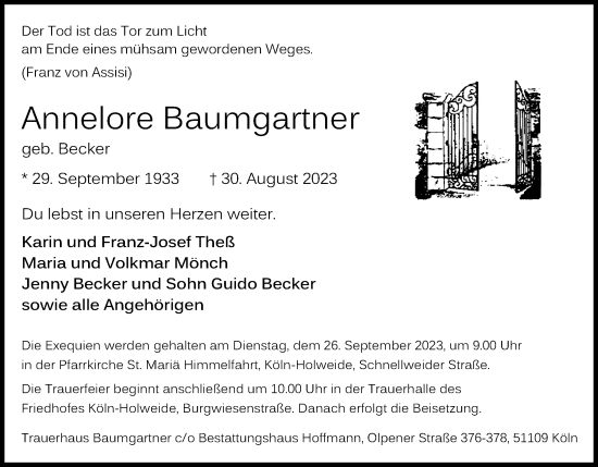 Anzeige von Annelore Baumgartner von Kölner Stadt-Anzeiger / Kölnische Rundschau / Express