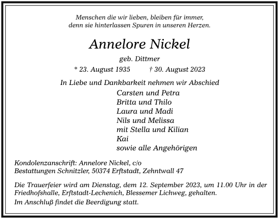 Anzeige von Annelore Nickel von  Werbepost 