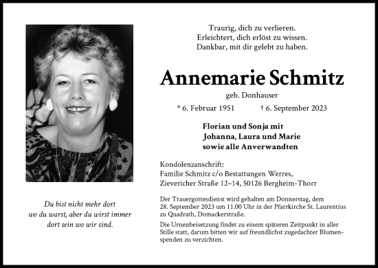 Anzeige von Annemarie Schmitz von Kölner Stadt-Anzeiger / Kölnische Rundschau / Express