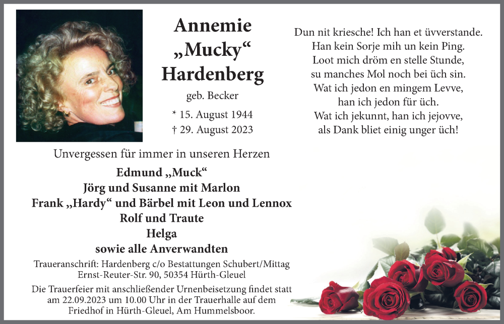  Traueranzeige für Annemie Hardenberg vom 15.09.2023 aus  Wochenende 
