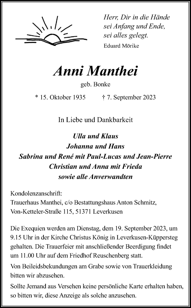  Traueranzeige für Anni Manthei vom 13.09.2023 aus Kölner Stadt-Anzeiger / Kölnische Rundschau / Express
