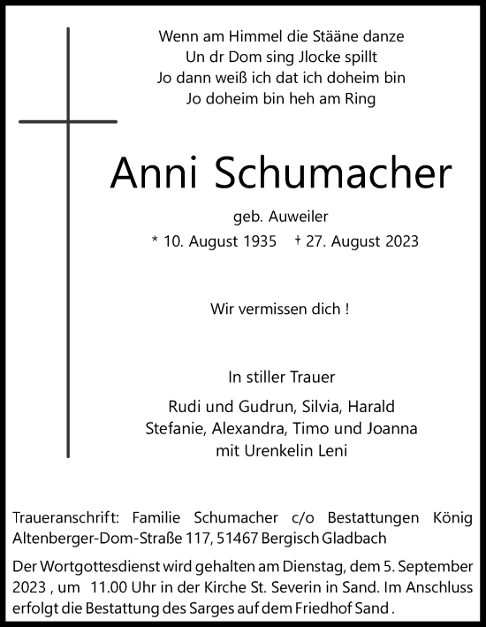Anzeige von Anni Schumacher von Kölner Stadt-Anzeiger / Kölnische Rundschau / Express