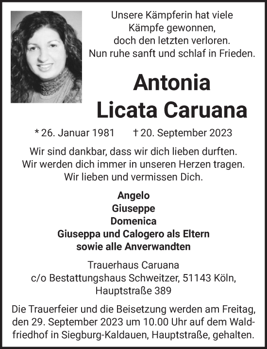 Anzeige von Antonia Licata Caruana von  EXPRESS - Die Woche 