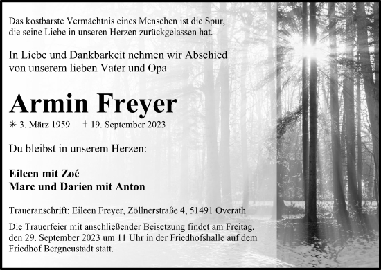 Anzeige von Armin Freyer von Kölner Stadt-Anzeiger / Kölnische Rundschau / Express