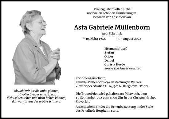 Anzeige von Asta Gabriele Müllenborn von Kölner Stadt-Anzeiger / Kölnische Rundschau / Express