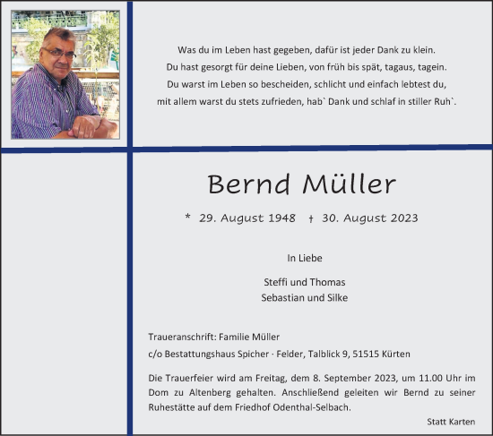 Anzeige von Bernd Müller von Kölner Stadt-Anzeiger / Kölnische Rundschau / Express