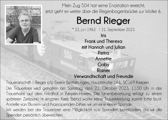 Anzeige von Bernd Rieger von  Werbepost 