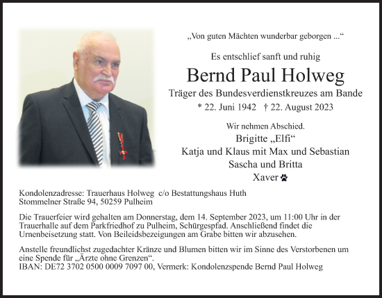 Anzeige von Bernd Paul Holweg von Kölner Stadt-Anzeiger / Kölnische Rundschau / Express