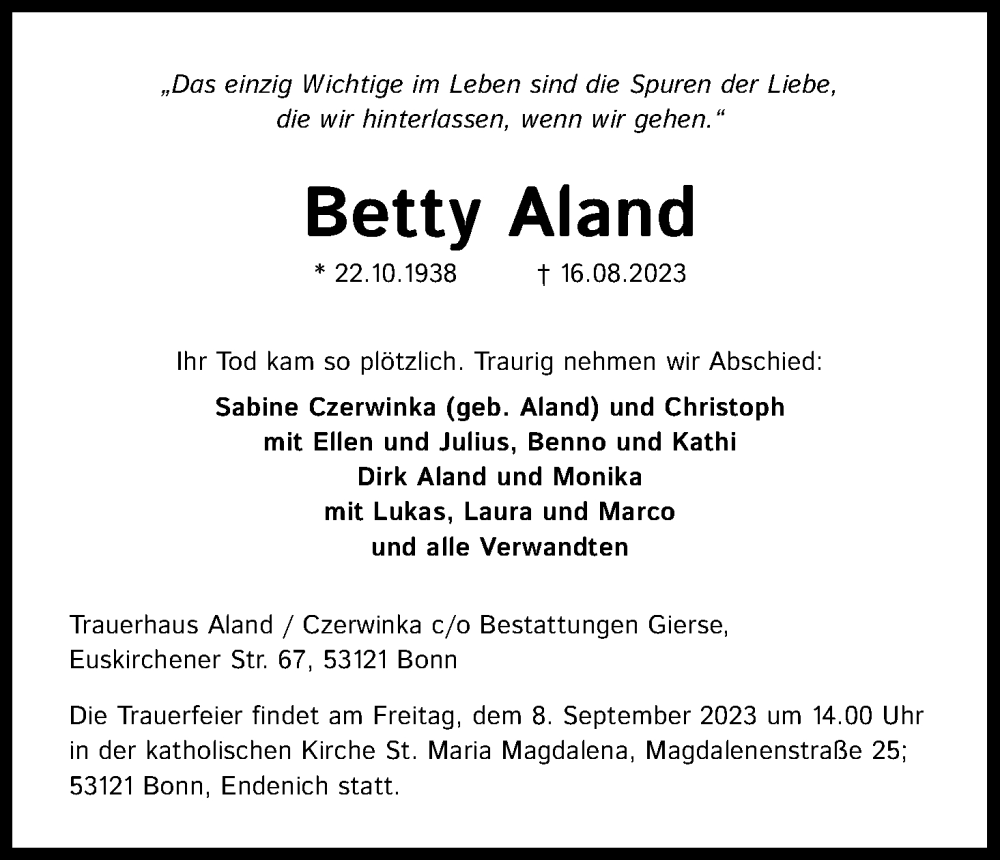  Traueranzeige für Betty Aland vom 02.09.2023 aus Kölner Stadt-Anzeiger / Kölnische Rundschau / Express