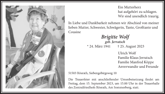 Anzeige von Brigitte Wolf von  Bergisches Handelsblatt 