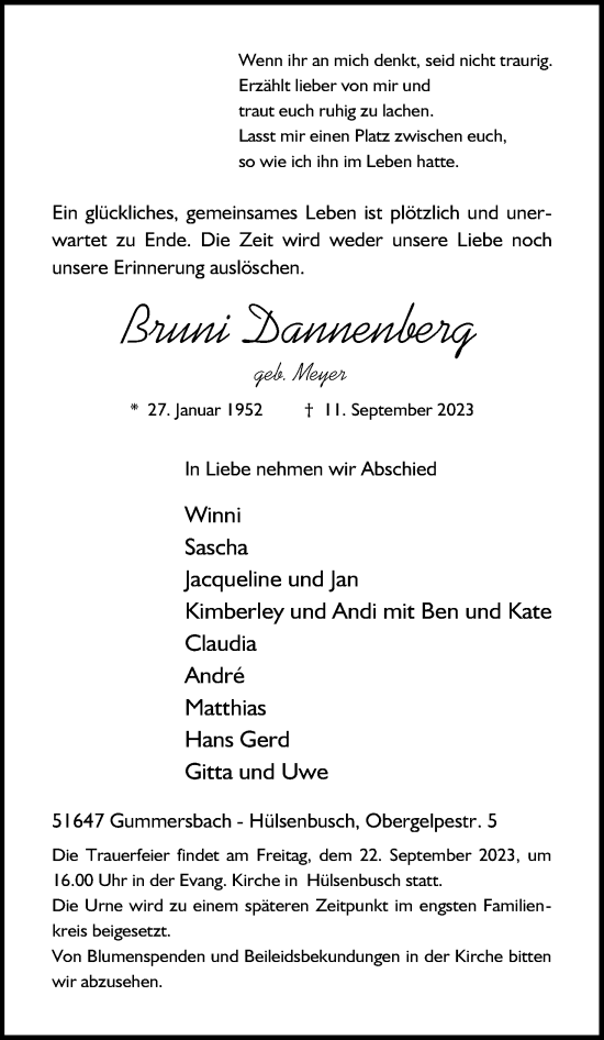 Anzeige von Bruni Dannenberg von Kölner Stadt-Anzeiger / Kölnische Rundschau / Express