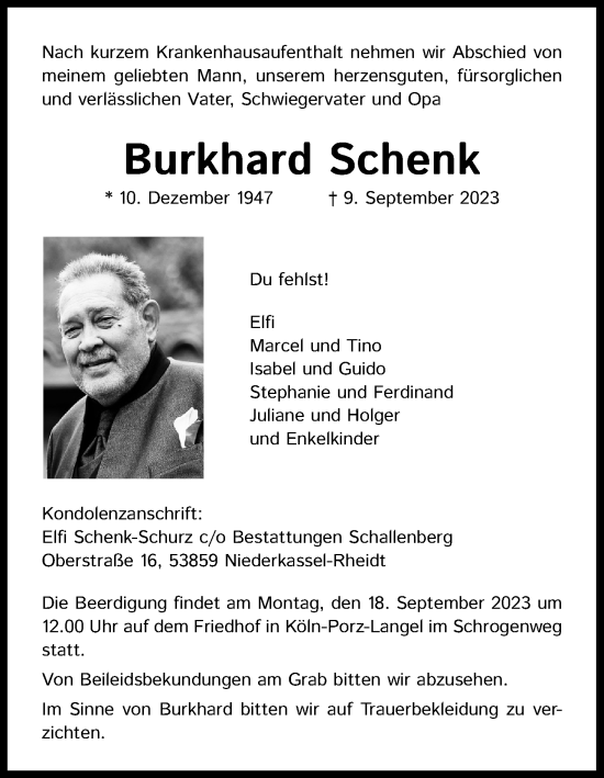 Anzeige von Burkhard Schenk von Kölner Stadt-Anzeiger / Kölnische Rundschau / Express