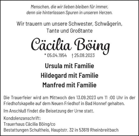 Anzeige von Cäcilia Böing von  Extra Blatt 