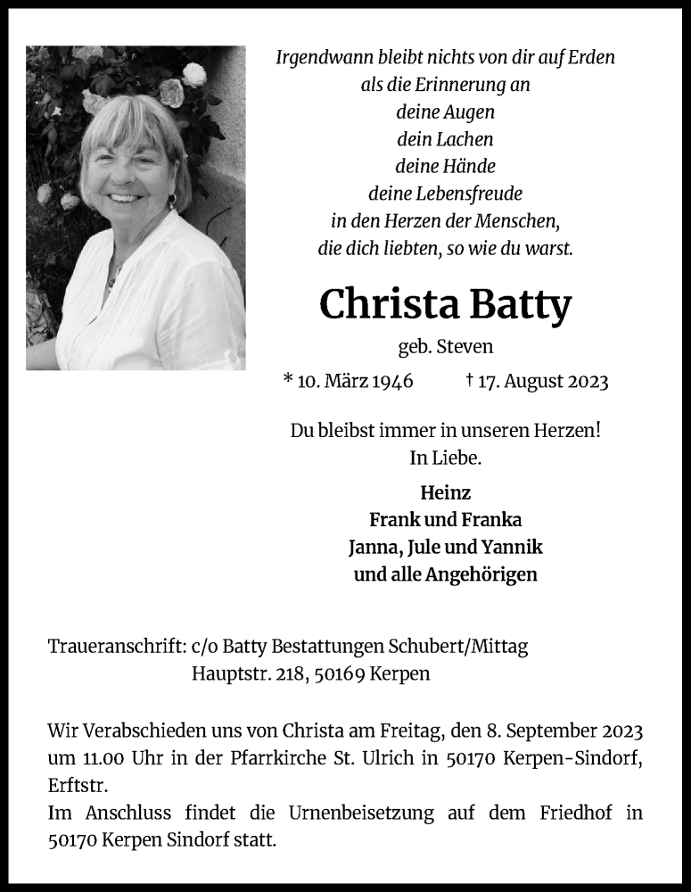  Traueranzeige für Christa Batty vom 02.09.2023 aus Kölner Stadt-Anzeiger / Kölnische Rundschau / Express