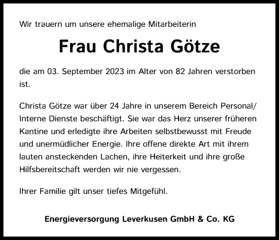 Anzeige von Christa Götze von Kölner Stadt-Anzeiger / Kölnische Rundschau / Express