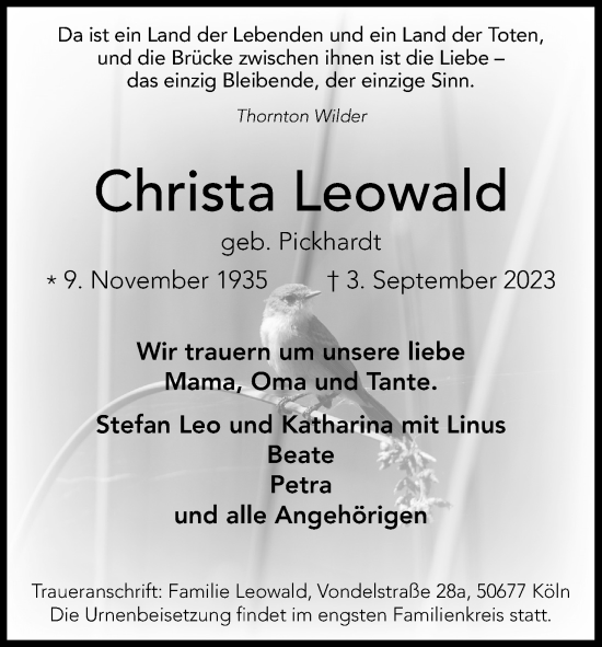 Anzeige von Christa Leowald von Kölner Stadt-Anzeiger / Kölnische Rundschau / Express